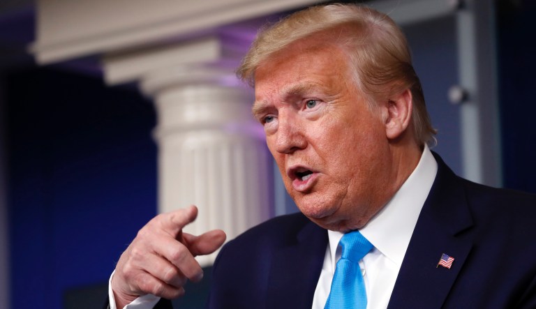 President Donald Trump speaks about the coronavirus in the James Brady Press Briefing Room of the White House, Tuesday, April 7, 2020, in Washington.