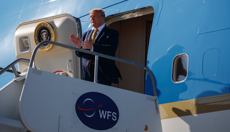 President Donald Trump arrives at Los Angeles International Airport to attend a fundraiser, Tuesday, Sept. 17, 2019, in Los Angeles. 