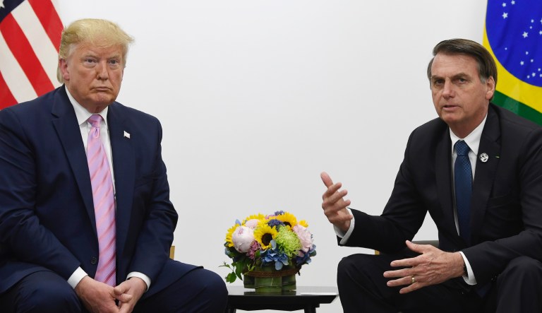 President Donald Trump, left, meets with Brazilian President Jair Bolsonaro, left, during a bilateral meeting on the sidelines of the G-20 summit in Osaka, Japan, Friday, June 28, 2019.