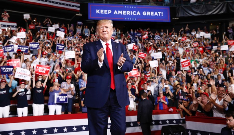 President Donald Trump arrives to speaks at a campaign rally, Thursday, Aug. 15, 2019, in Manchester, N.H. 