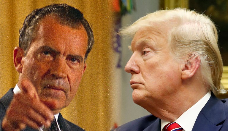 Former President Richard Nixon is seen on the left; President Trump is on the right.