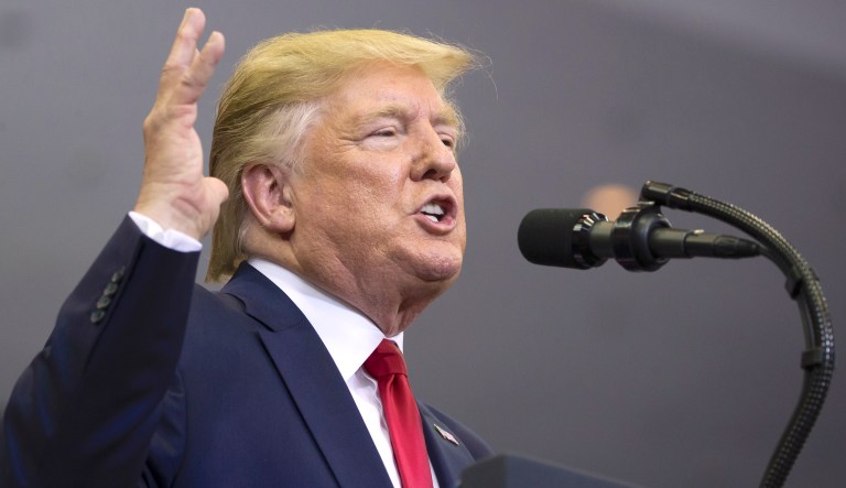 President Donald Trump speaks at a campaign rally Thursday, Aug. 1, 2019, in Cincinnati. 