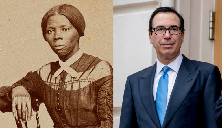 Harriet Tubman (left) and Treasury Secretary Steven Mnuchin (right) are seen.