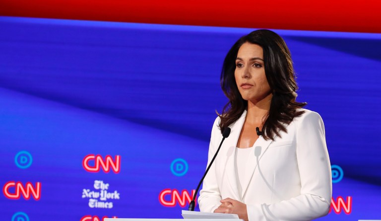 Democratic presidential candidate U.S. Rep. Tulsi Gabbard, D-Hawaii, participates in a Democratic presidential primary debate hosted by CNN/New York Times at Otterbein University, Tuesday, Oct. 15, 2019, in Westerville, Ohio. 