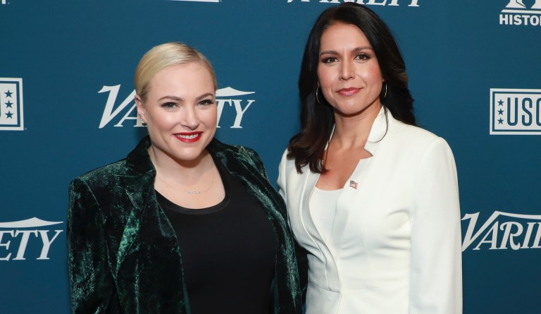 Democratic presidential candidate Rep. Tulsi Gabbard, D-Hawaii, right, poses with Meghan McCain at Variety's third annual "Salute to Service" celebration at Cipriani 25 Broadway on Wednesday, Nov. 6, 2019, in New York. 