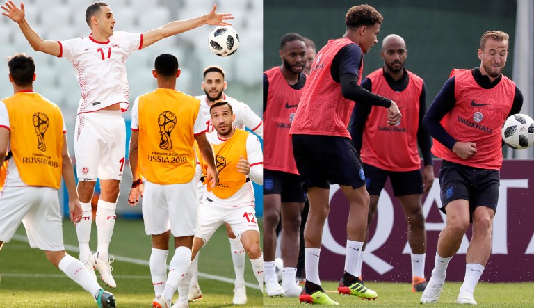 Tunisia and England soccer teams practice in Russia for the World Cup match. 