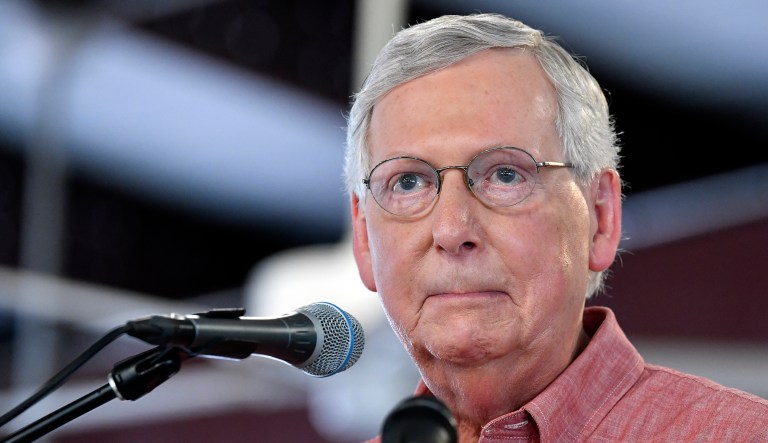 Senate Majority Leader Mitch McConnell, R-Ky., addresses the audience gathered at the Fancy Farm Picnic in Fancy Farm, Ky., Saturday, Aug. 3, 2019.