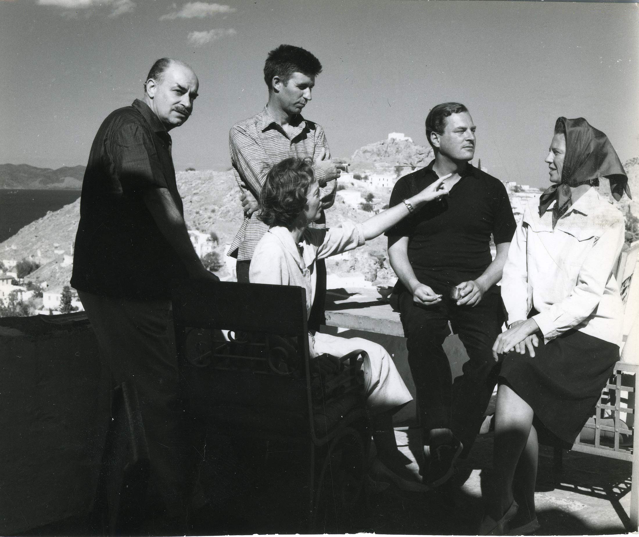 Niko and Barbara Ghika, John Craxton, and Patrick and Joan Leigh Fermor on the terrace of the Ghika house in Hydra, 1958