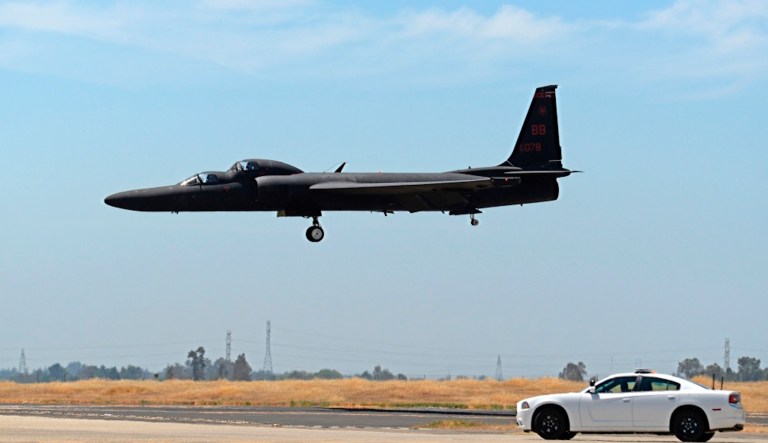 This June 16, 2015, photo released by DVIDS/U.S. Air Force shows a mobile chase car pursuing a U-2 Dragon Lady as the aircraft prepares to land at Beale Air Force Base, Calif. Mobile chase cars guide the aircraft during takeoffs and landings. One American pilot was killed and another injured when they ejected from a U-2 spy plane shortly before it crashed in Northern California on Tuesday, Sept. 20, 2016 the U.S. Air Force said.