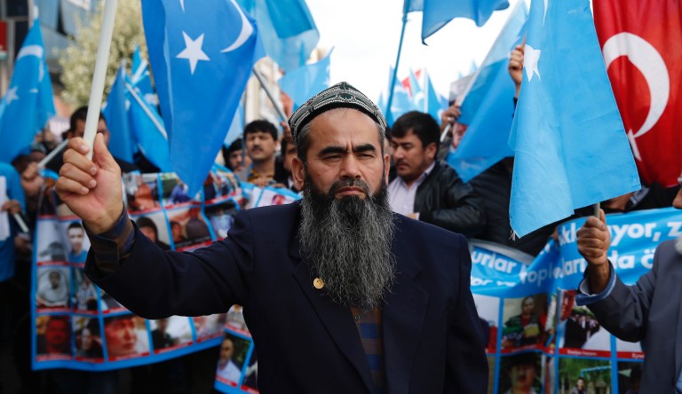 People from the Uighur community living in Turkey carrying flags of what ethnic Uighurs call 'East Turkestan', participate in a protest in Istanbul, Tuesday, Nov. 6, 2018.