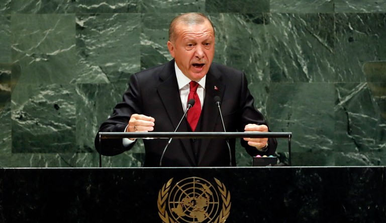 Turkey's President Recep Tayyip Erdogan addresses the 74th session of the United Nations General Assembly, Tuesday, Sept. 24, 2019.