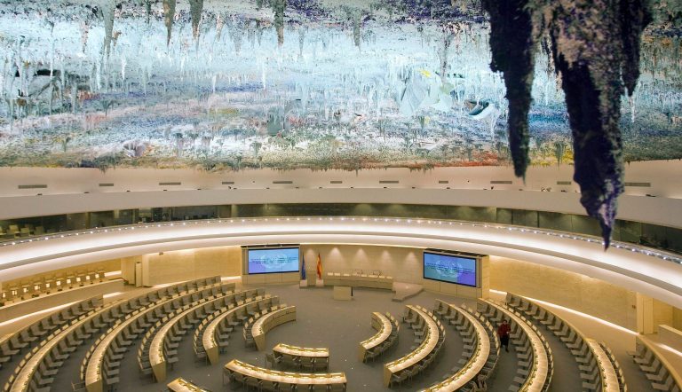 This photo shows a general view of the Human Rights Room at the European headquarters of the United Nations in Geneva, Switzerland.