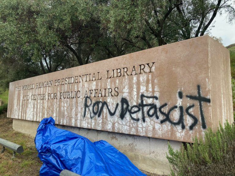 SEE IT: Reagan Library sign vandalized with ‘Ron DeFascist’ hours before governor’s speech