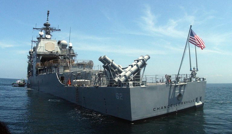 The U.S. guided  missile cruiser USS Chancellorsville lies at anchor in India's southern port of Cochin Friday, Sept. 27, 2002.