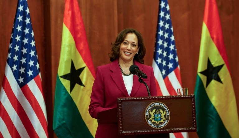 Vice President Kamala Harris addresses a news conference following her meetings with Ghana President Nana Akufo-Addo in Accra, Ghana, on Monday, March 27, 2023. Harris is on a seven-day African visit that will also take her to Tanzania and Zambia.
