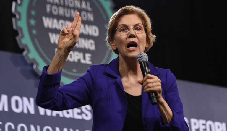 Senator Elizabeth Warren, a Democrat from Massachusetts and 2020 presidential candidate, speaks during the National Forum on Wages and Working People in Las Vegas, Nevada, U.S., on Saturday, April 27, 2019. The forum provided an opportunity for thought leaders to share concrete plans to rebalance our economy and democracy. 