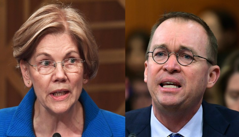 Sen. Elizabeth Warren, D-Mass., and Mick Mulvaney.