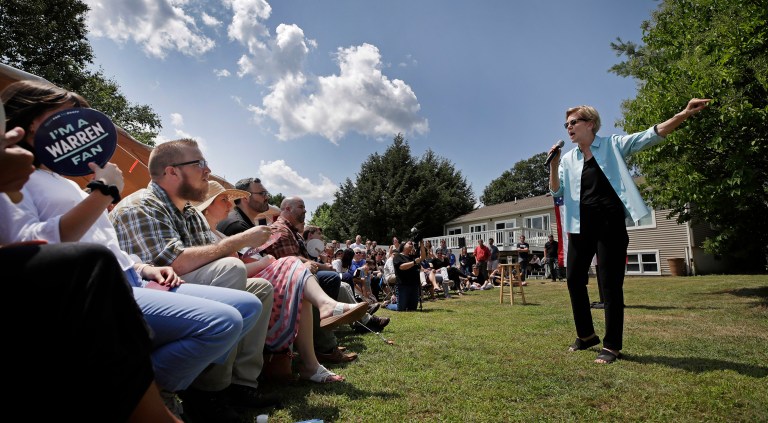 Democratic presidential candidate Sen. Elizabeth Warren, D-Mass., speaks at a campaign house party in Bow, N.H. (AP Photo/Elise Amendola)