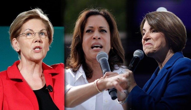 Sens. Elizabeth Warren, Kamala Harris, and Amy Klobuchar are seen.