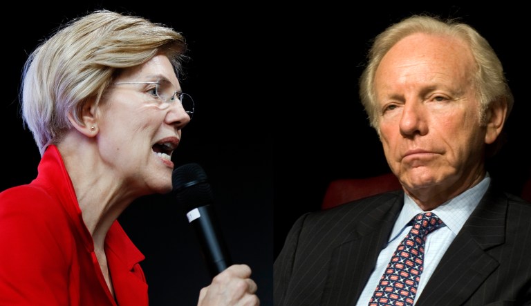 Sen. Elizabeth Warren (left) and former Sen. Joe Lieberman (right) are pictured.