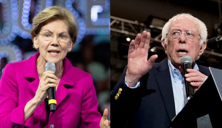 Sens. Elizabeth Warren and Bernie Sanders are seen.