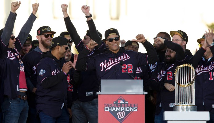 Washington Nationals player Juan Soto celebrates with his team players the World Series baseball championship during the parade to celebrate the teamâs World Series baseball championship over Houston Astros, Saturday, Nov. 2, 2019, in Washington.