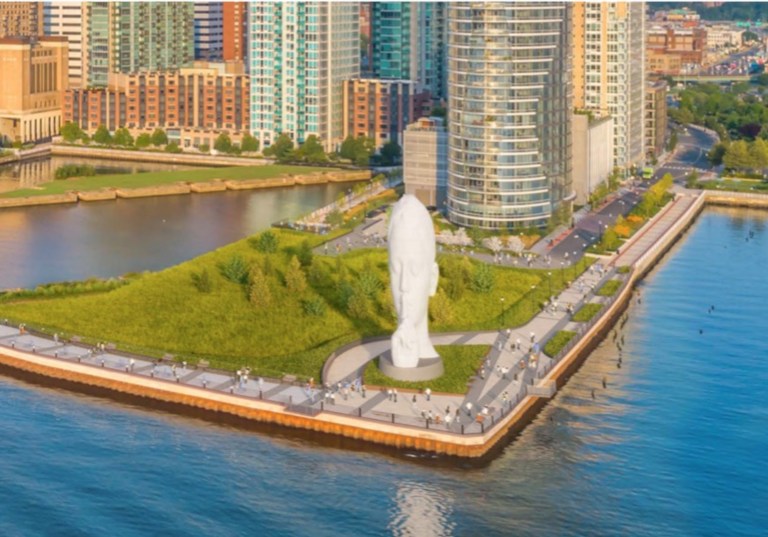 Massive woman’s head sculpture in Jersey City shushes toward lower Manhattan