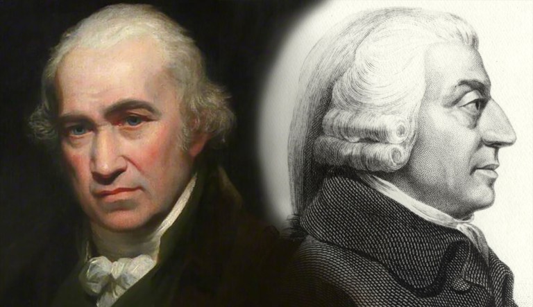 Inventor James Watt (left) and moral philosopher Adam Smith (right) are shown.
