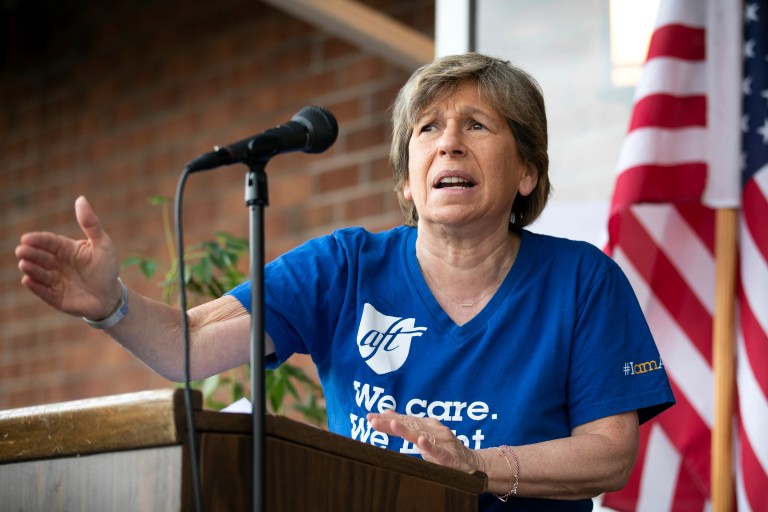Randi Weingarten speaks during a Scranton, Pennsylvania, rally for emergency public funding for schools during the COVID-19 pandemic.