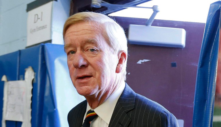 FILE - In this Nov. 8, 2016 file photo, Libertarian vice presidential candidate, former Massachusetts Gov. Bill Weld arrives to cast his vote at the John F. Kennedy Elementary School in Canton, Mass.