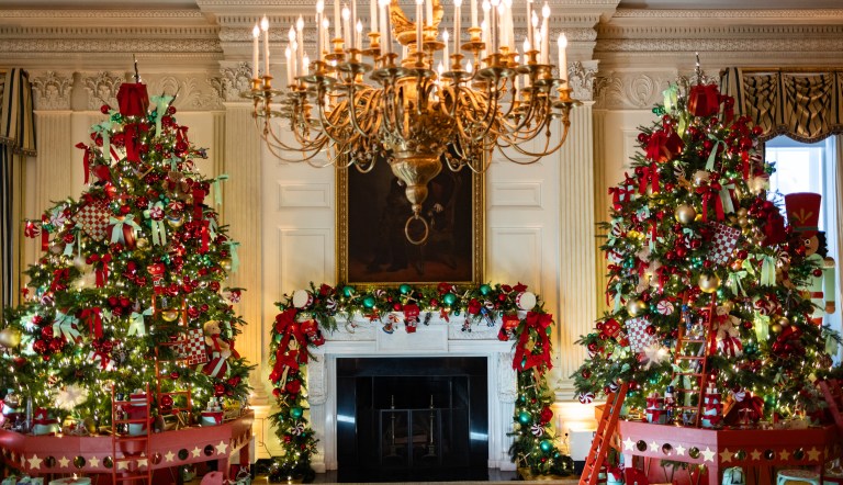 Christmas trees are seen inside the White House in Washington, DC on November 27, 2023. The theme for the 2023 White House holiday decorations is The 
