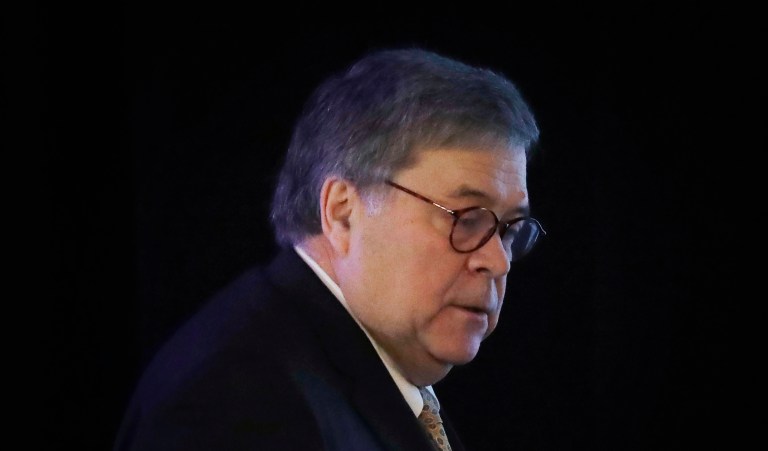 Attorney General William Barr leaves after he speaks at the International Association of Chiefs of Police Officer Safety and Wellness Symposium on Thursday, Feb. 27, 2020, in Miami.