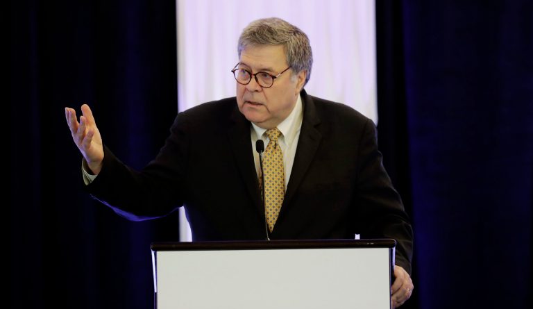 Attorney General William Barr speaks at the International Association of Chiefs of Police Officer Safety and Wellness Symposium on Thursday, Feb. 27, 2020, in Miami.