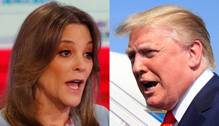 Pictured are Marianne Williamson, left, and Donald Trump, right.