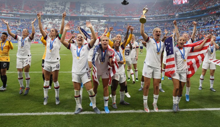 United States players celebrate their victory in the Women's World Cup final soccer match between US and The Netherlands at the Stade de Lyon in Decines, outside Lyon, France, Sunday, July 7, 2019. US won 2:0. 