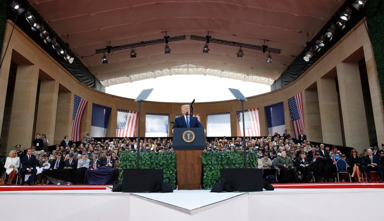 President Donald Trump speaks during a ceremony to commemorate the 75th anniversary of D-Day at the American Normandy cemetery, Thursday, June 6, 2019, in Colleville-sur-Mer, Normandy, France.