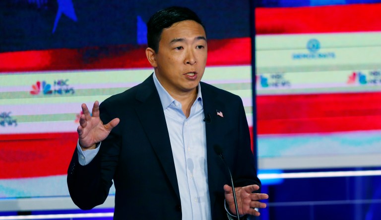 Democratic presidential candidate entrepreneur Andrew Yang speaks during the Democratic primary debate hosted by NBC News at the Adrienne Arsht Center for the Performing Arts, Thursday, June 27, 2019, in Miami.