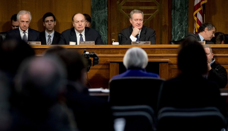 From left, Sen. Bob Corker, R-Tenn., Sen. Richard Shelby, R-Ala., Senate Banking Committee Chairman Sen. Mike Crapo, R-Idaho, and the committee's ranking Member, Sen. Sherrod Brown, D-Ohio, listen as Federal Reserve Chair Janet Yellen, center, testifies on Capitol Hill in Washington, Tuesday, Feb. 14, 2017, before the committee. 