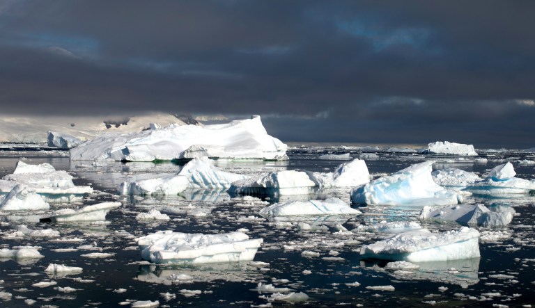 Giant tabular icebergs surrounded by ice floe are seen adrift in Vincennes Bay in the Australian Antarctic Territory.