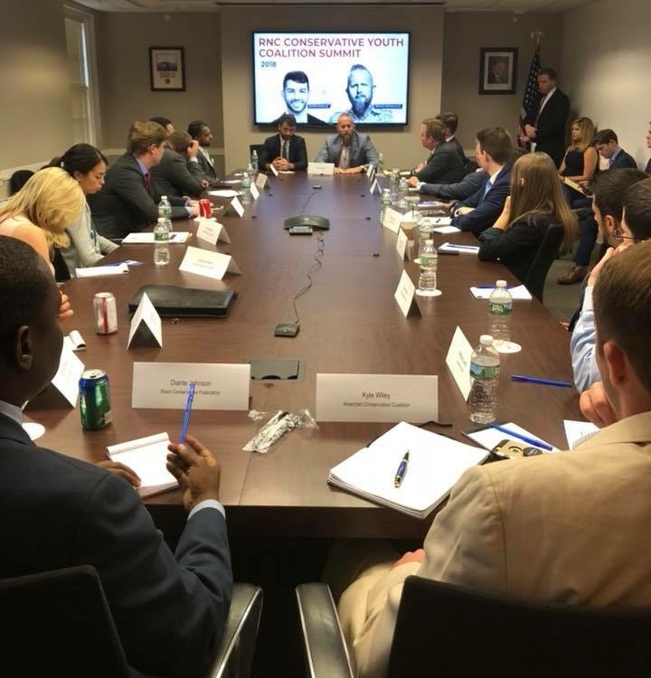 Representatives of 18 conservative youth organizations listen to Trump 2020 Campaign Manager Brad Parscale discuss youth outreach. 
