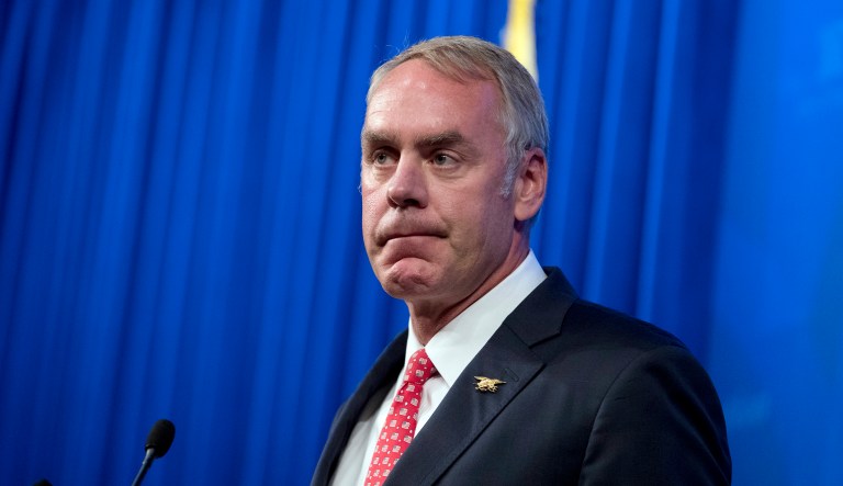 Interior Secretary Ryan Zinke speaks about the Trump Administration's energy policy at the Heritage Foundation in Washington, Friday, Sept. 29, 2017.