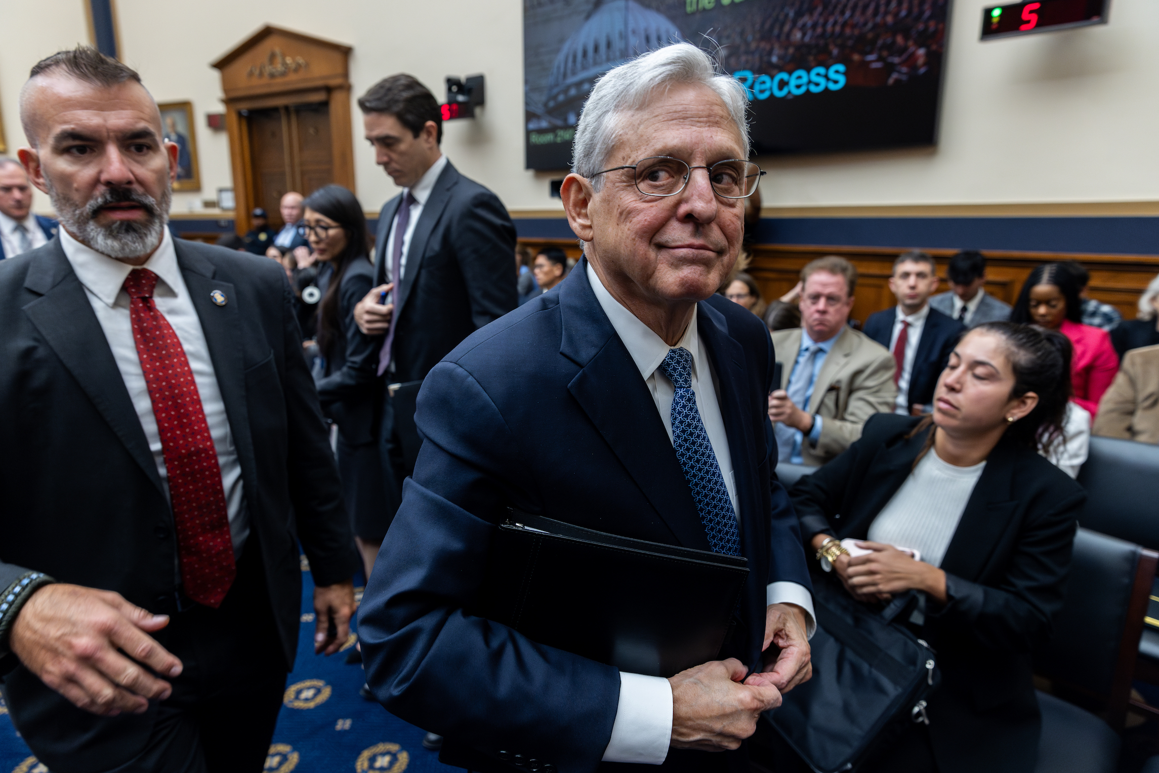Attorney General Merrick Garland leaves a House Judiciary Committee hearing on Capitol Hill, on Wednesday, Sept. 20, 2023. During the hearing, House Republicans fired myriad questions at Garland about the Justice Department's investigation into Hunter Biden.