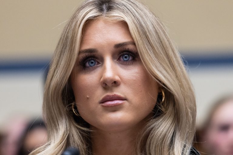Former collegiate swimmer Riley Gaines testifies during a House Oversight Subcommittee on Health Care and Financial Services hearing on Capitol Hill December 5, 2023 in Washington, D.C. The hearing focused on the Biden administration's proposed rule changes to Title IX to redefine the definition of sexual discrimination to include gender identity.