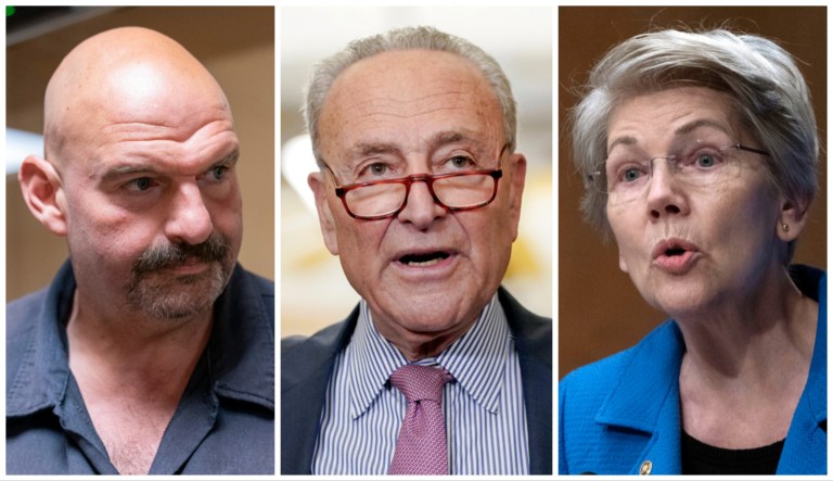 (L to R) Sen. John Fetterman (D-PA), Sen. Chuck Schumer (D-NY), and Sen. Elizabeth Warren (D-MA).