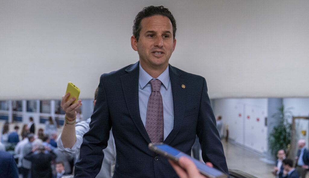 Sen. Brian Schatz (D-HI) speaks with reporters on Capitol Hill, Wednesday, Sept. 6, 2023 in Washington. (AP Photo/Alex Brandon)