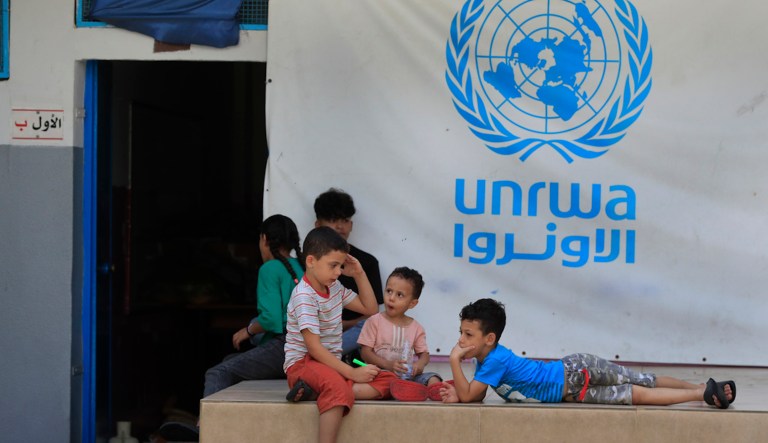 Palestinian children gather in the backyard of an UNRWA school,in the southern port city of Sidon, Lebanon, Tuesday, Sept. 12, 2023.