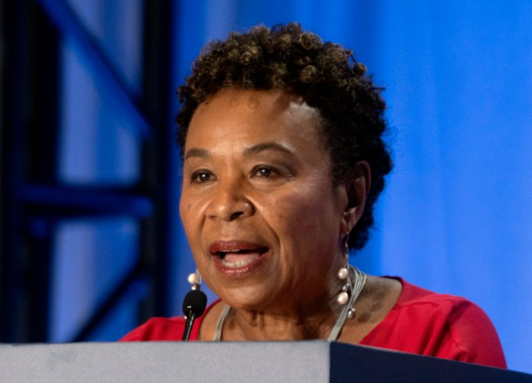 Rep. Barbara Lee (D-CA) speaks during a Senate Candidate Forum hosted by the National Union of Healthcare Workers in Los Angeles, Sunday, Oct. 8, 2023.