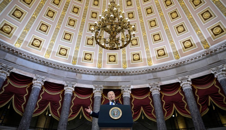 President Joe Biden delivers remarks on the one-year anniversary of the Jan. 6 attack on the U.S. Capitol during a ceremony in Statuary Hall, Thursday,  Jan. 6, 2022, at the Capitol in Washington.                                                                                                                                                                                                                  