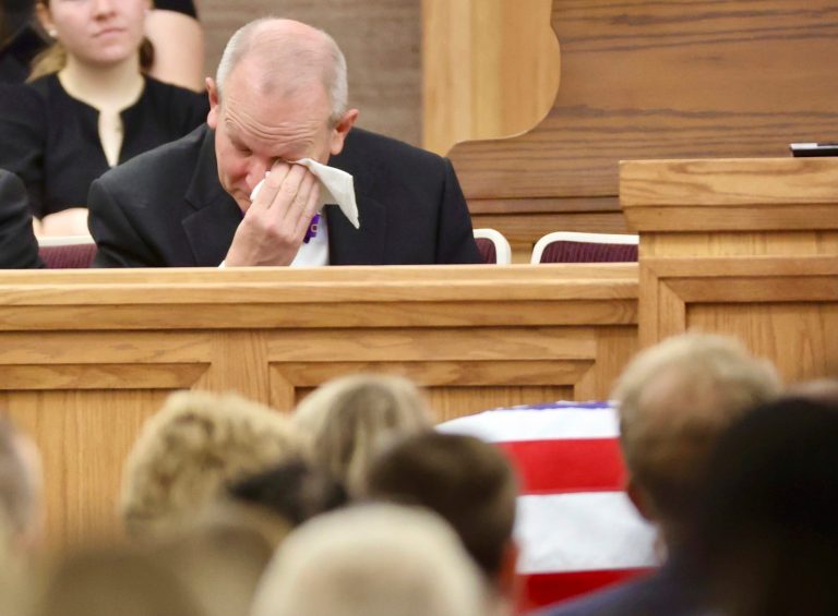 Brent Hatch, son of former Sen. Orrin Hatch, wipes tears during his father's funeral at the Church of Jesus Christ of Latter-day Saints Institute of Religion adjacent to the University of Utah in Salt Lake City, Friday, May 6, 2022. 