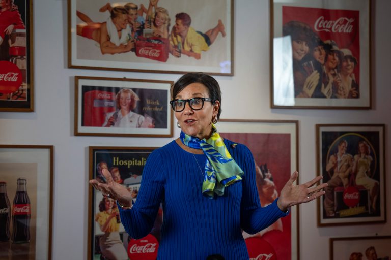 Penny Pritzker answers media questions during her visit to the Coca-Cola plant near Kyiv, Ukraine, Monday, Oct. 16, 2023.